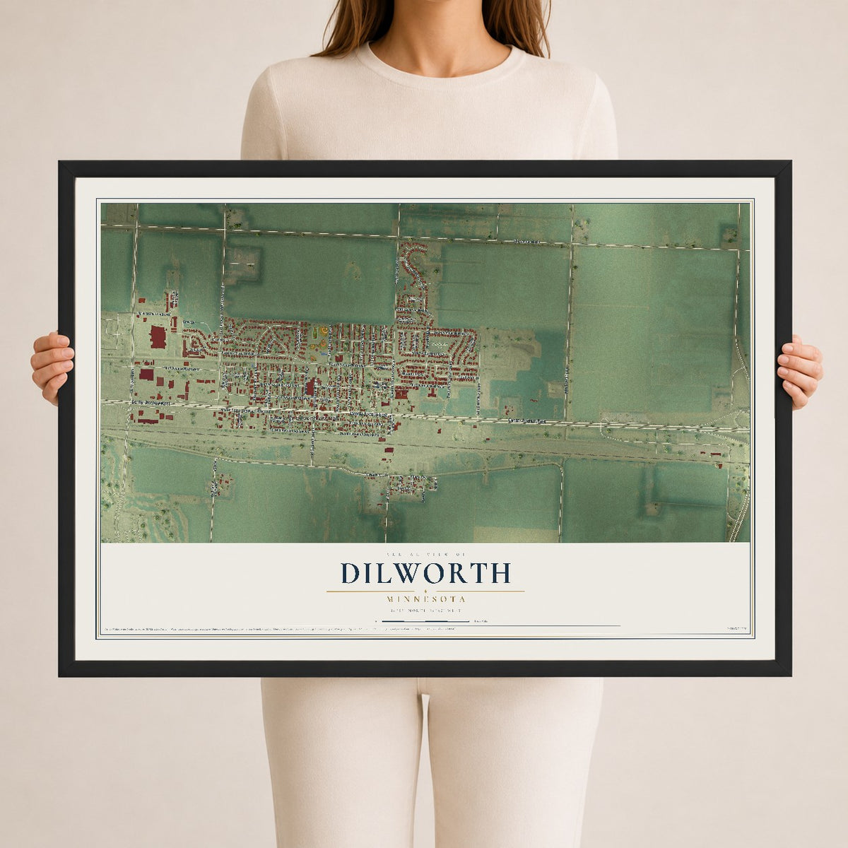 Map of Dilworth, Minnesota, 24 x 36 inch print in a black wood frame