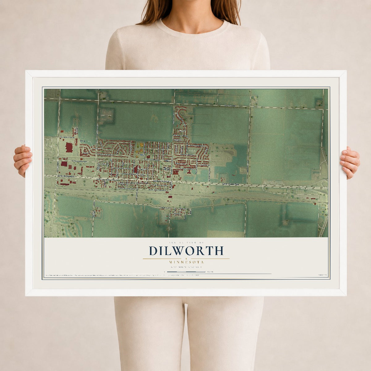 Map of Dilworth, Minnesota, 24 x 36 inch print in a white wood frame