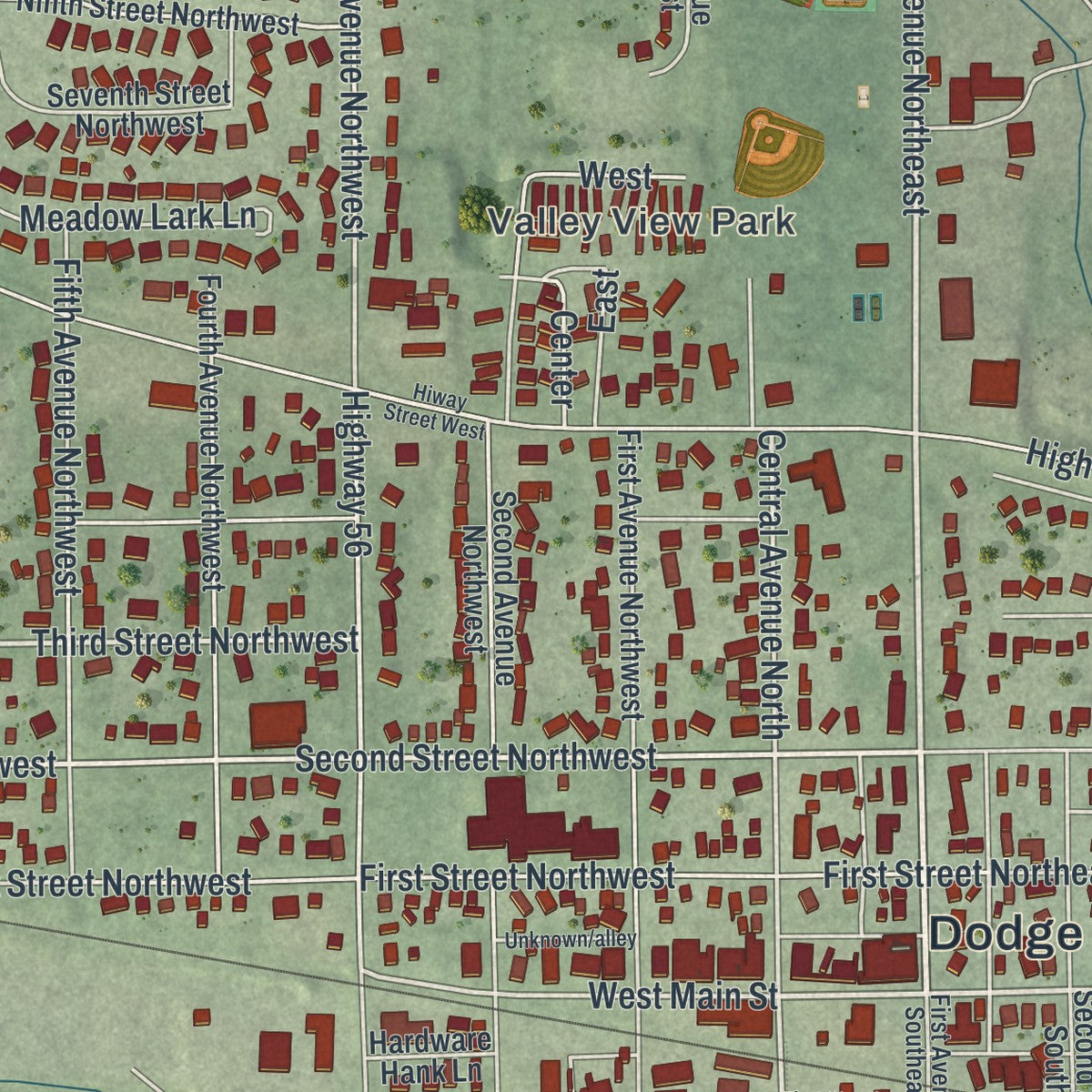 Close-up of the map of Dodge Center, Minnesota print showing street and building detail