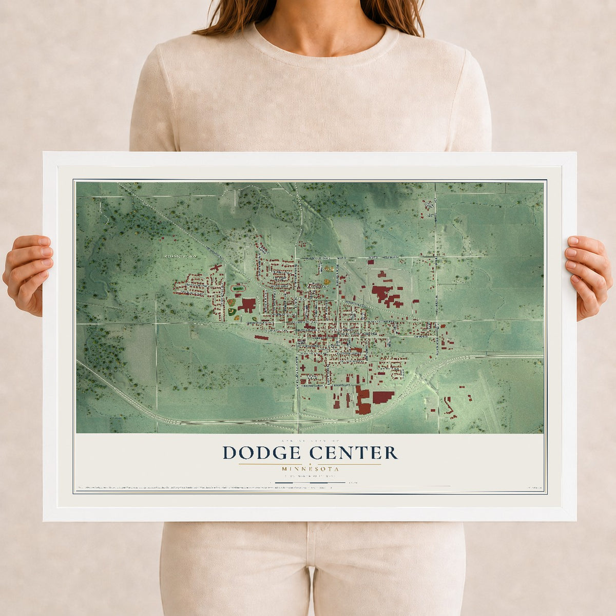 Map of Dodge Center, Minnesota, 12 x 18 inch print in a white wood frame