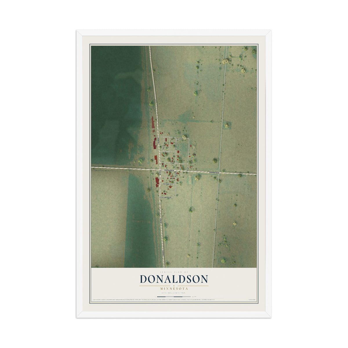 Map of Donaldson, Minnesota, 12 x 18 inch print in a white wood frame
