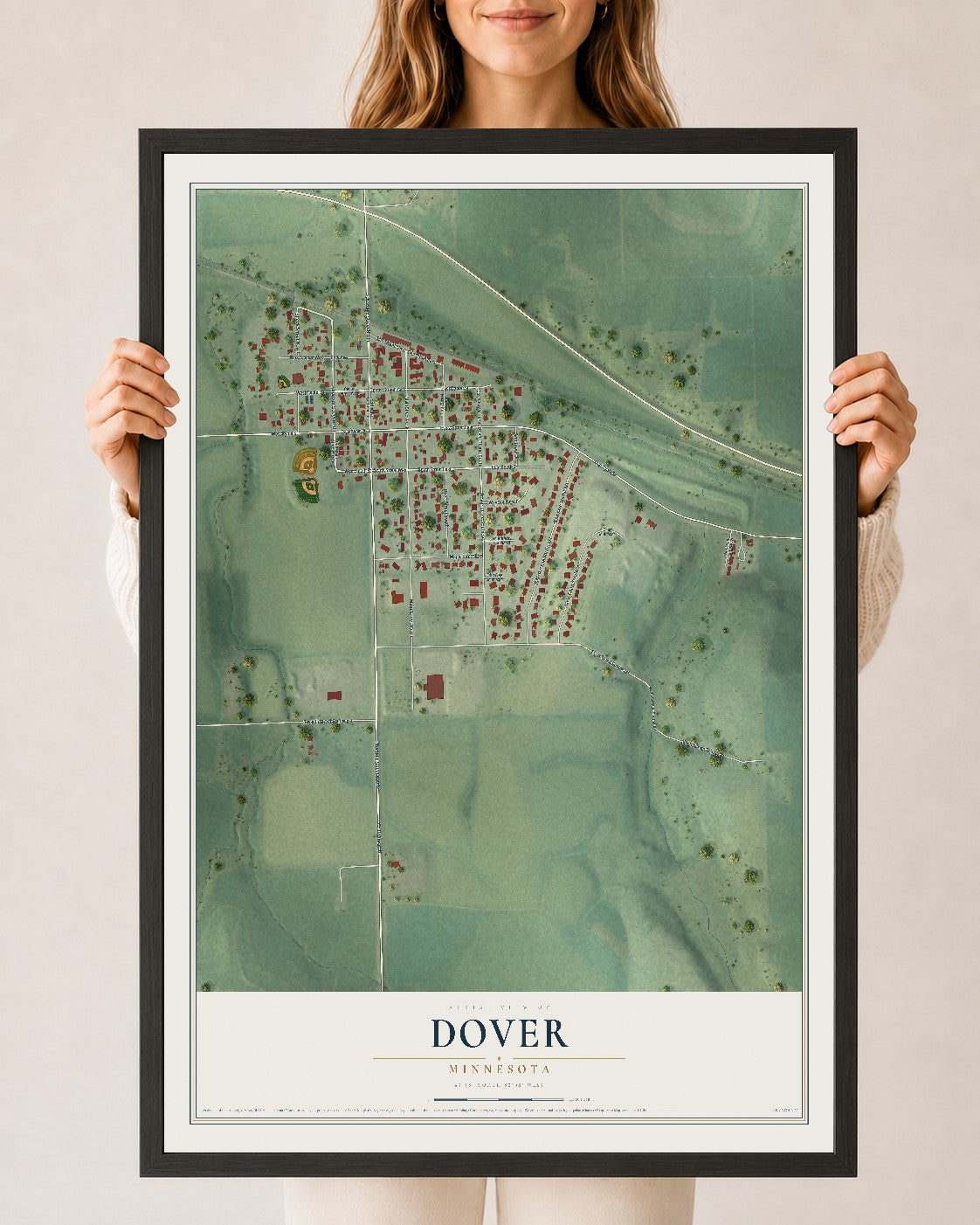 Map of Dover, Minnesota, 24 x 36 inch print in a black wood frame