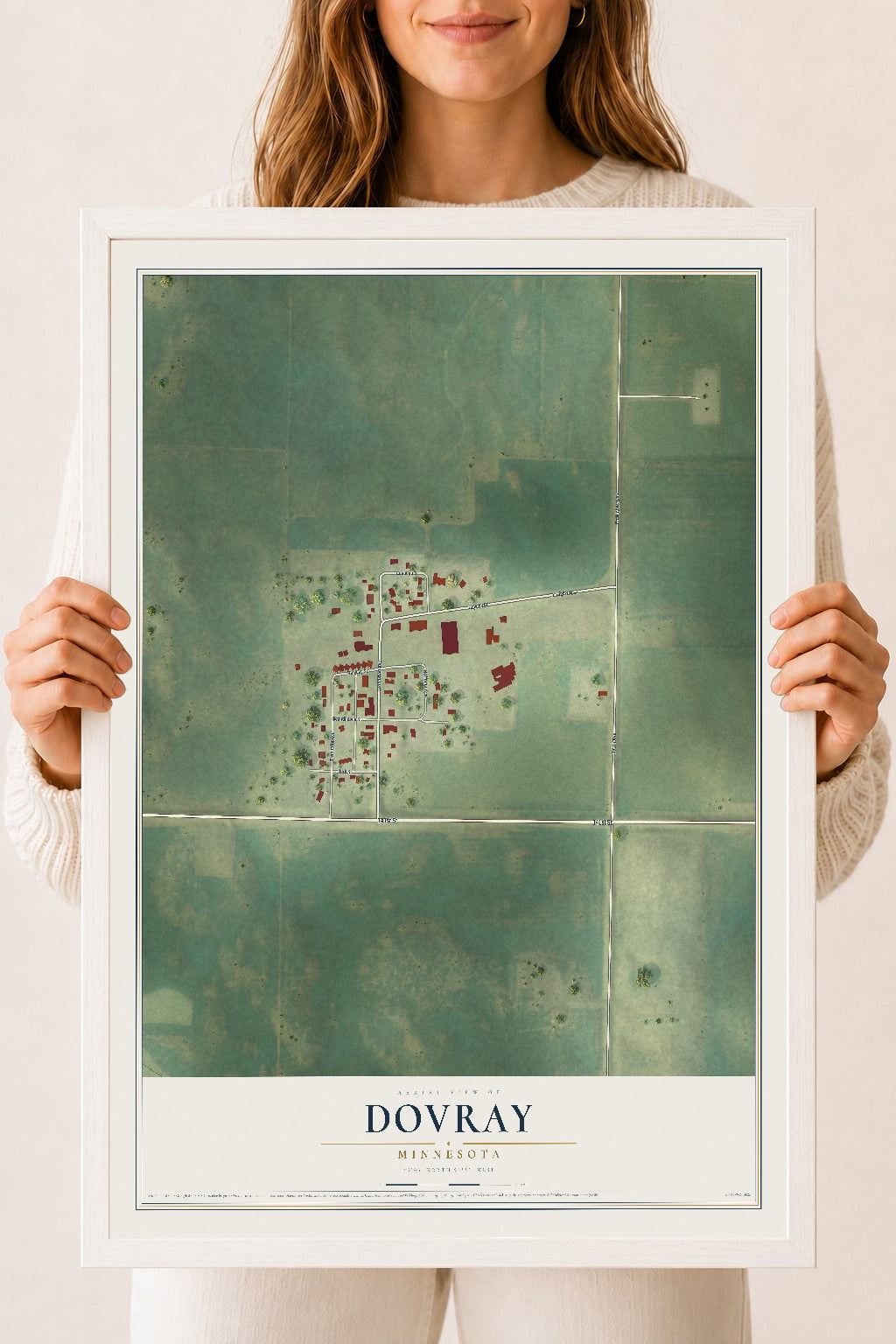 Map of Dovray, Minnesota, 18 x 24 inch print in a white wood frame