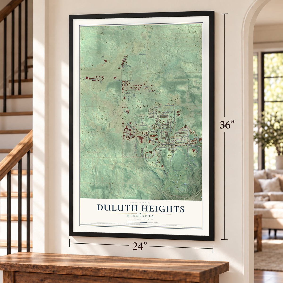 Duluth Heights, Minnesota map, 24 x 36 inch print in a black frame by a staircase