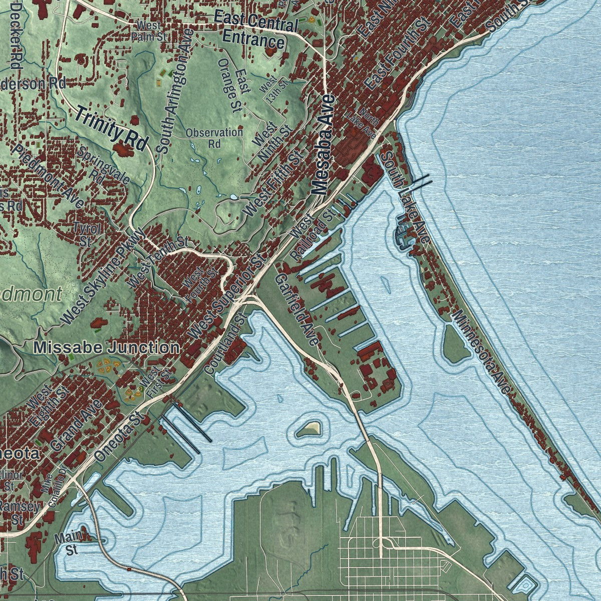 Close-up of the map of Duluth, Minnesota print showing street and building detail
