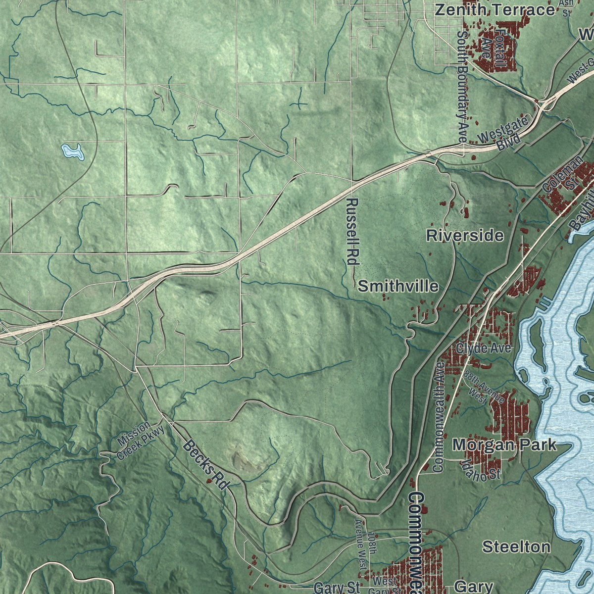 Second close-up of the map of Duluth, Minnesota print showing more streets and buildings