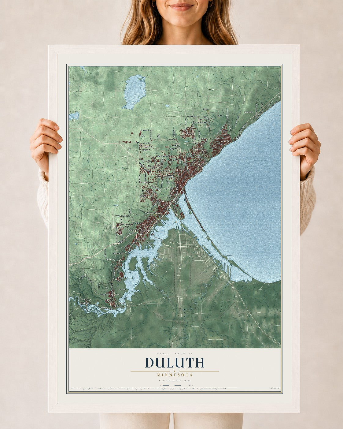 Map of Duluth, Minnesota, 24 x 36 inch print in a white wood frame