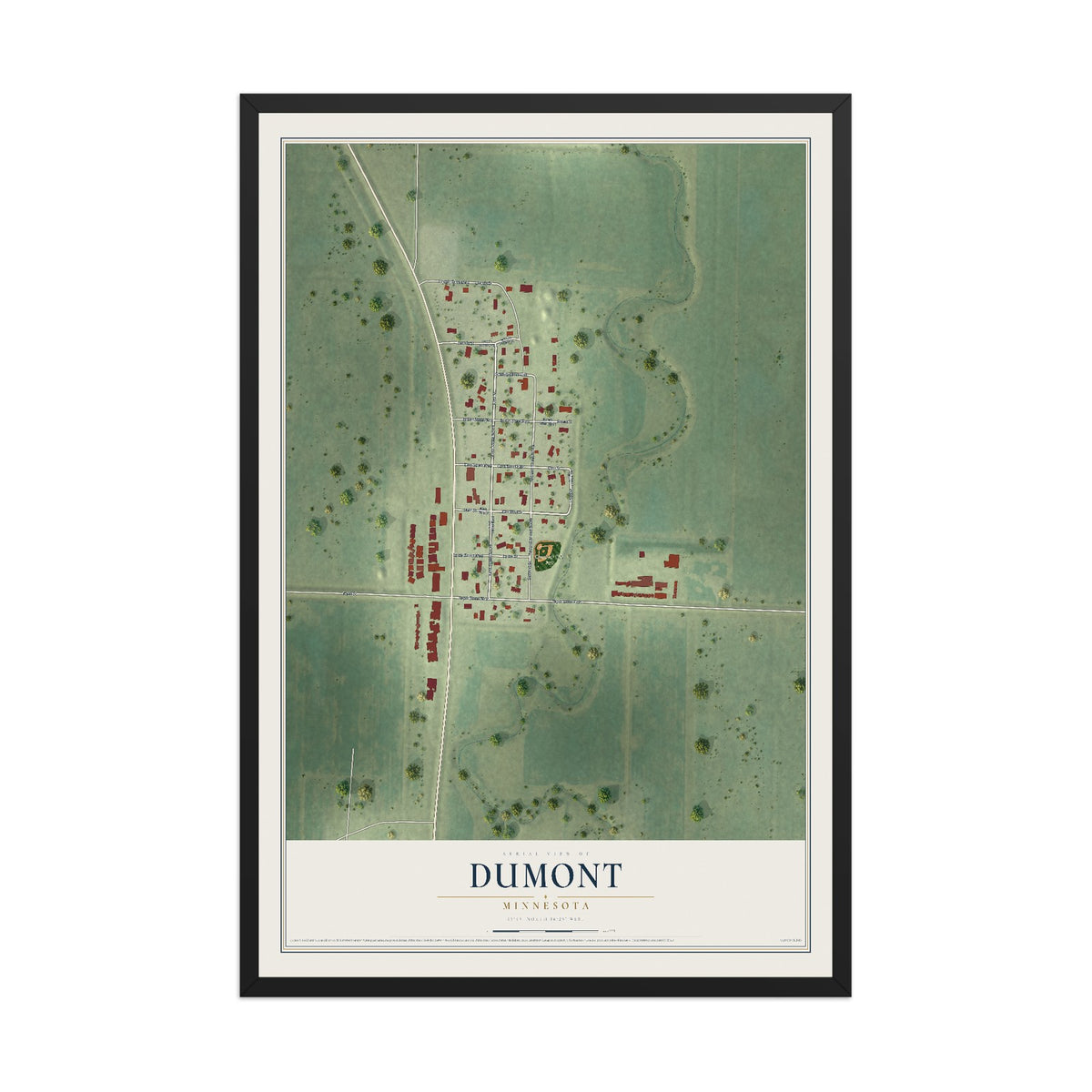 Map of Dumont, Minnesota, 12 x 18 inch print in a black wood frame