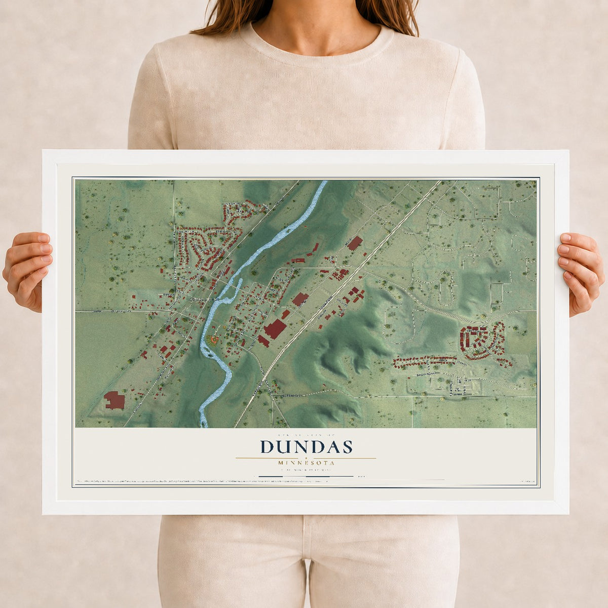 Map of Dundas, Minnesota, 12 x 18 inch print in a white wood frame