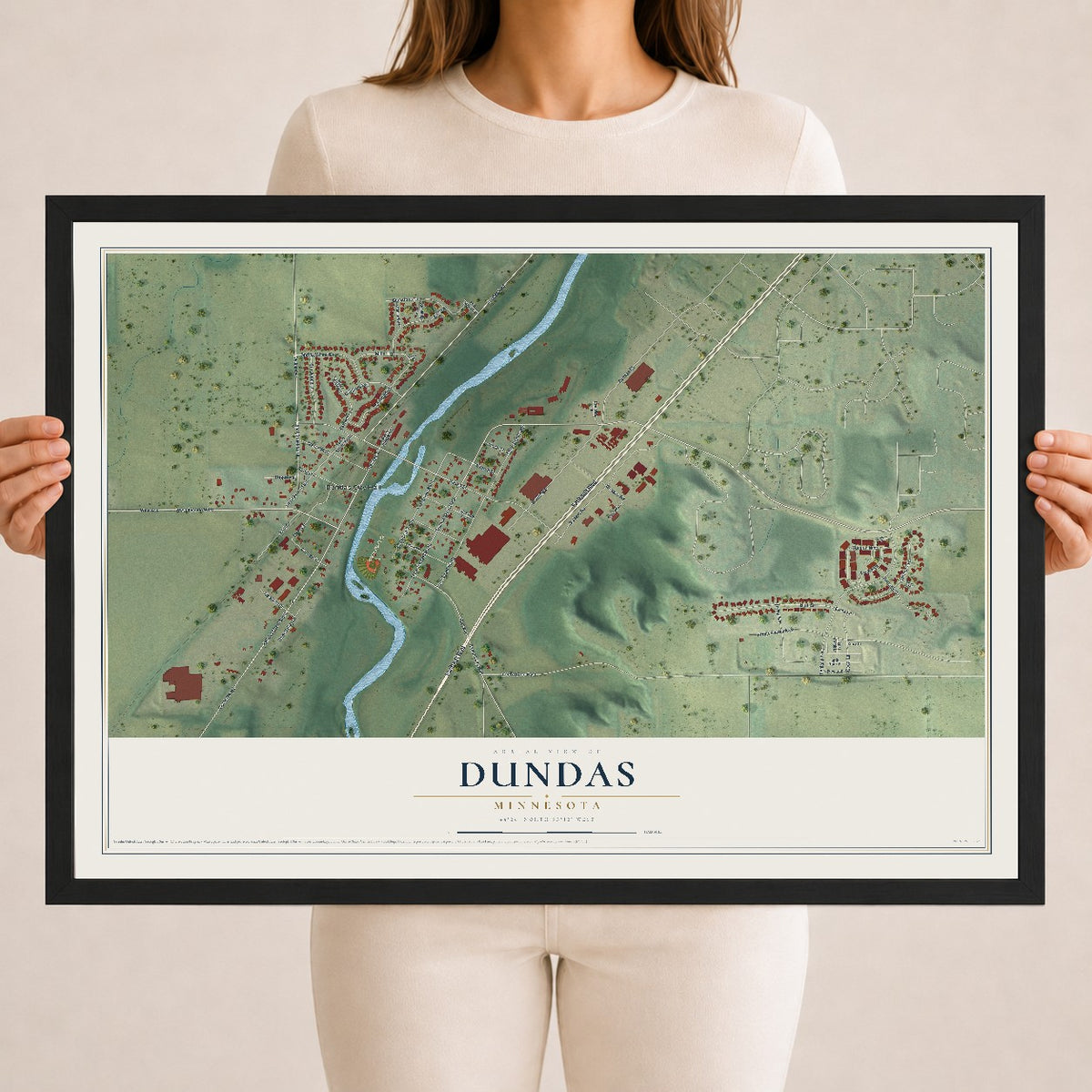Map of Dundas, Minnesota, 18 x 24 inch print in a black wood frame