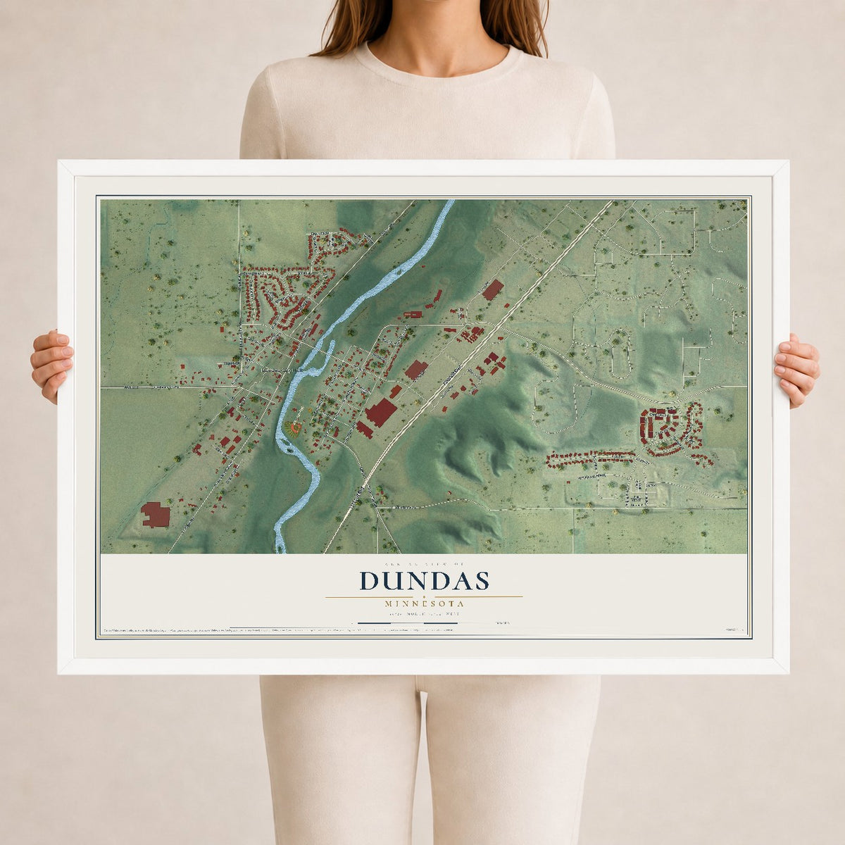 Map of Dundas, Minnesota, 24 x 36 inch print in a white wood frame