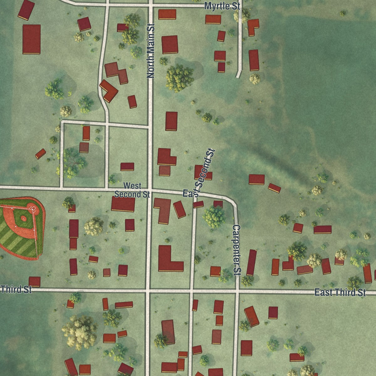Close-up of the map of Dundee, Minnesota print showing street and building detail