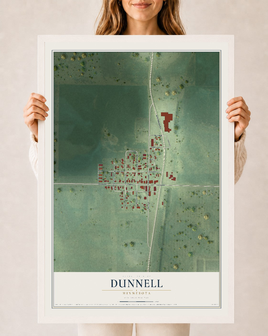 Map of Dunnell, Minnesota, 24 x 36 inch print in a white wood frame