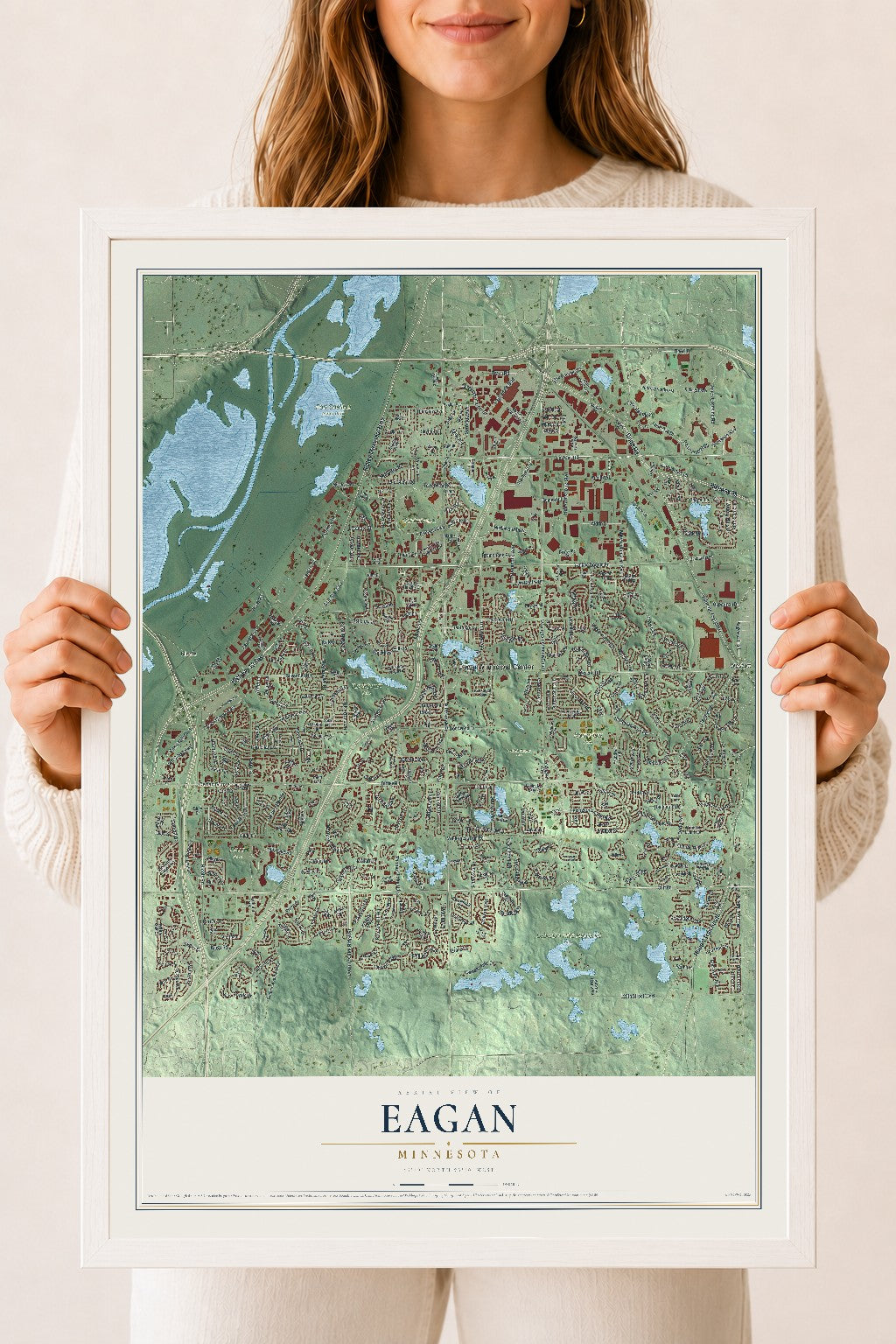 Map of Eagan, Minnesota, 18 x 24 inch print in a white wood frame