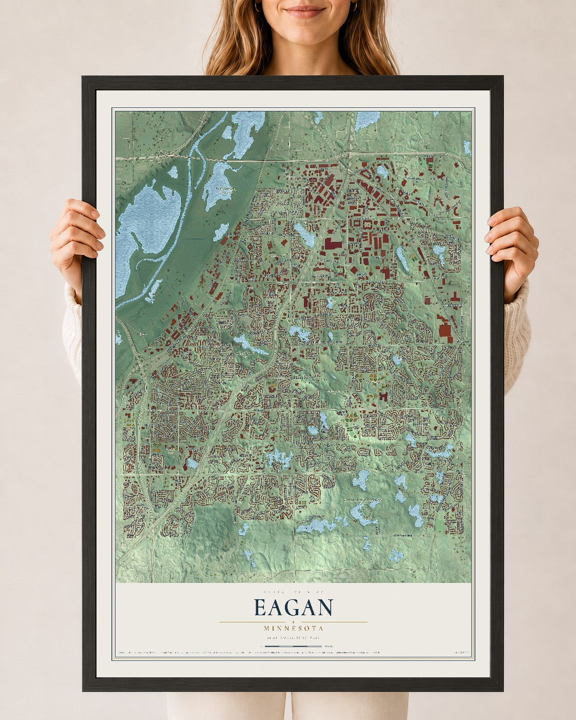 Map of Eagan, Minnesota, 24 x 36 inch print in a black wood frame