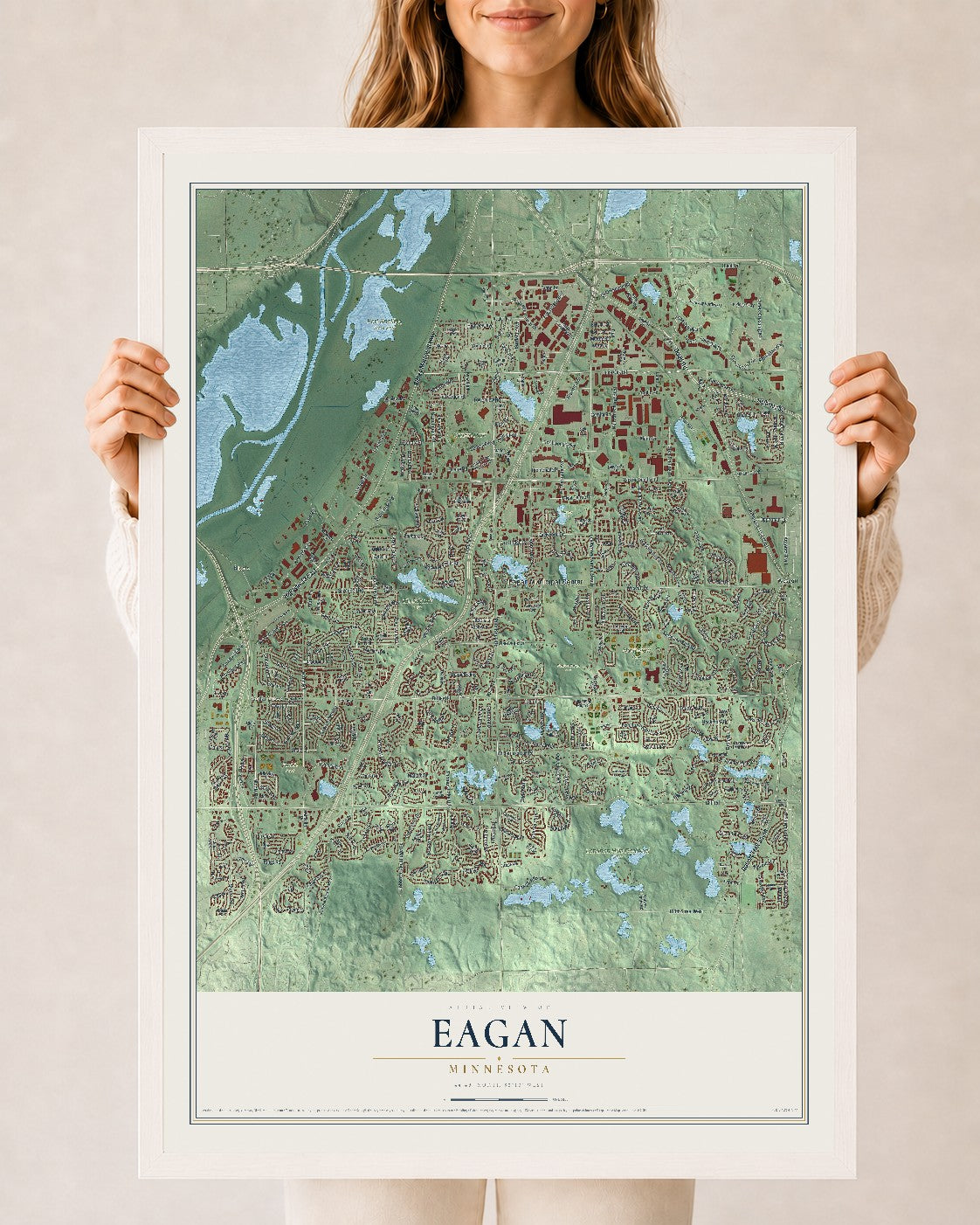 Map of Eagan, Minnesota, 24 x 36 inch print in a white wood frame