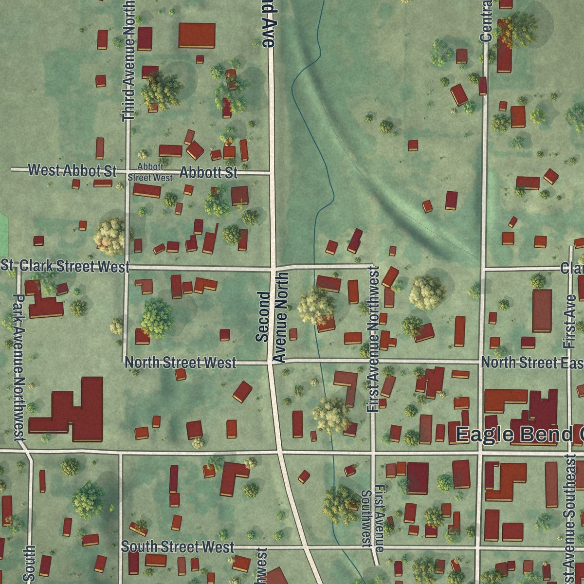 Close-up of the map of Eagle Bend, Minnesota print showing street and building detail