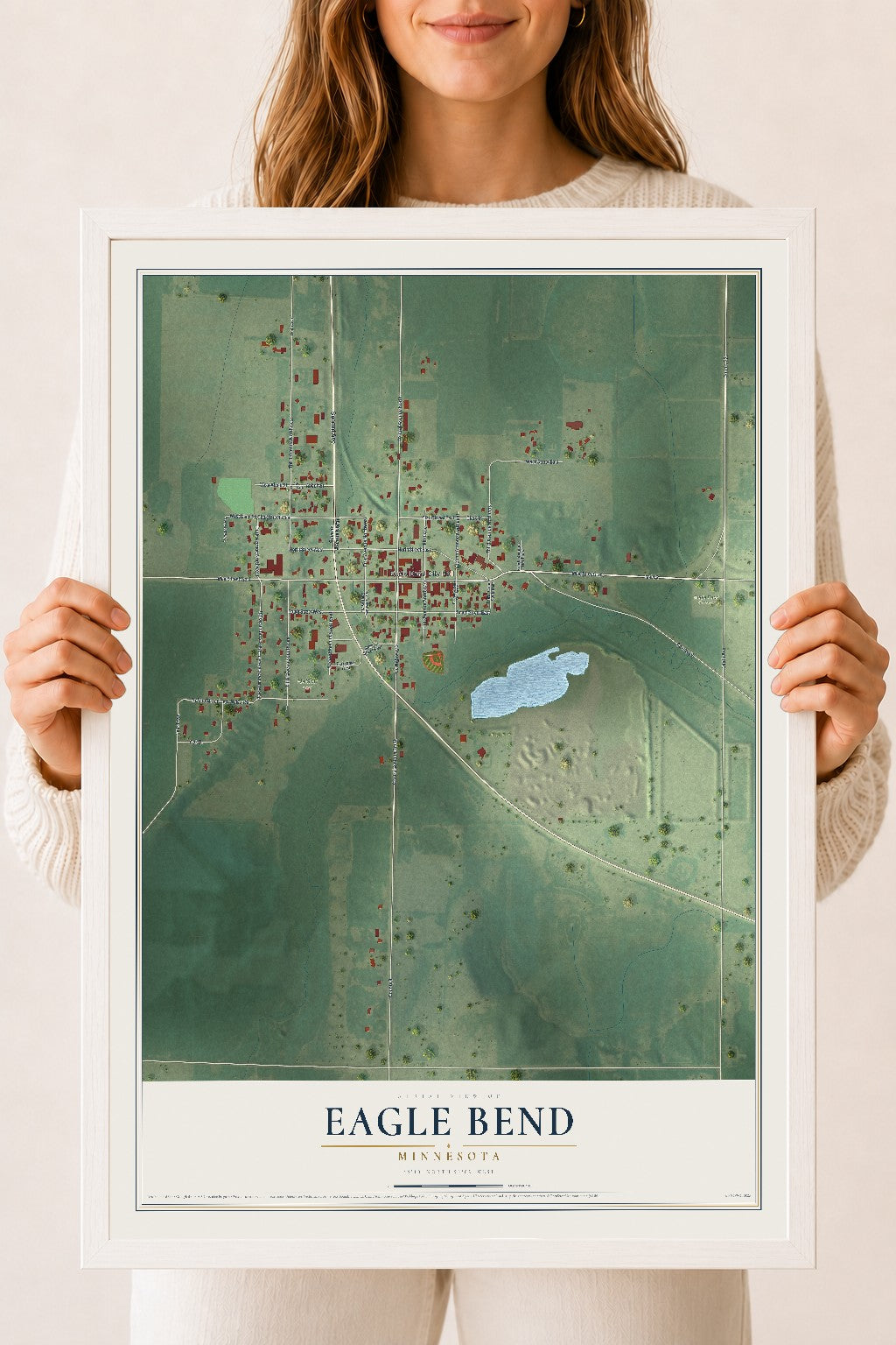 Map of Eagle Bend, Minnesota, 18 x 24 inch print in a white wood frame