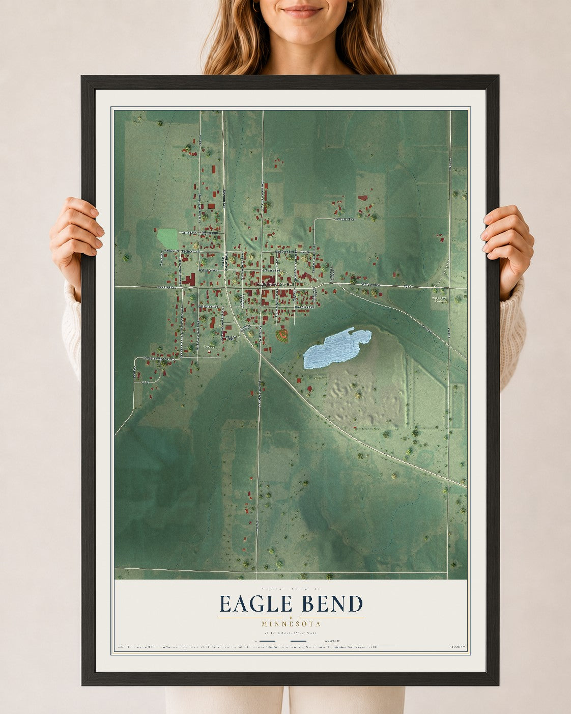 Map of Eagle Bend, Minnesota, 24 x 36 inch print in a black wood frame