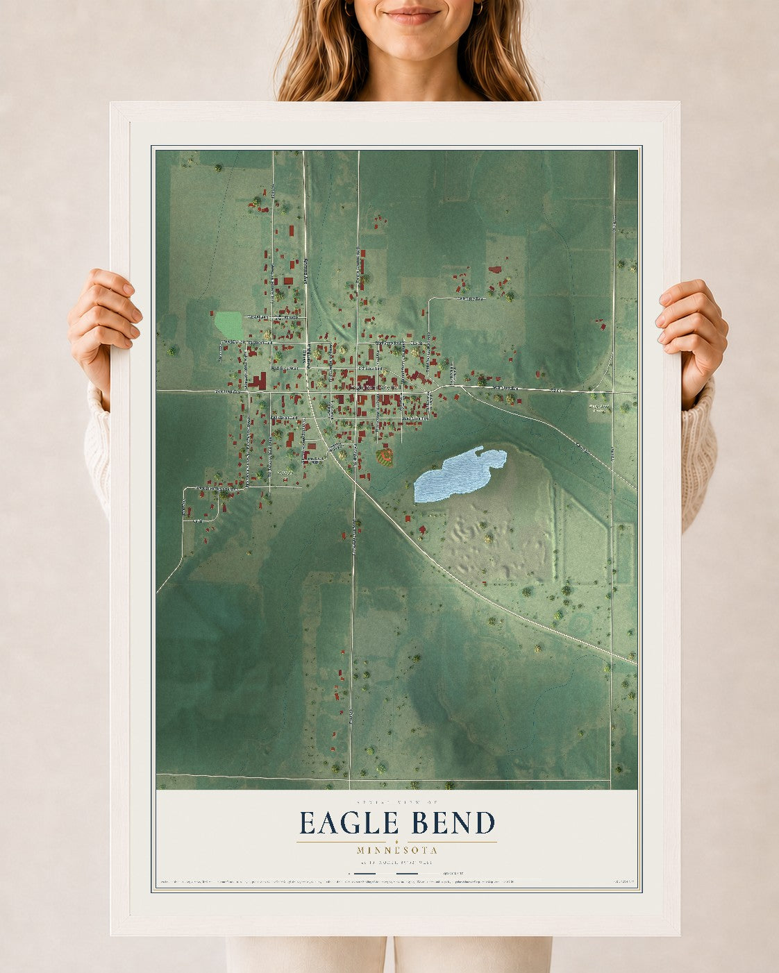 Map of Eagle Bend, Minnesota, 24 x 36 inch print in a white wood frame