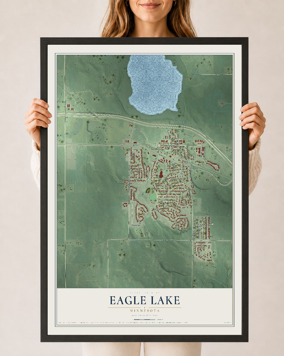 Map of Eagle Lake, Minnesota, 24 x 36 inch print in a black wood frame