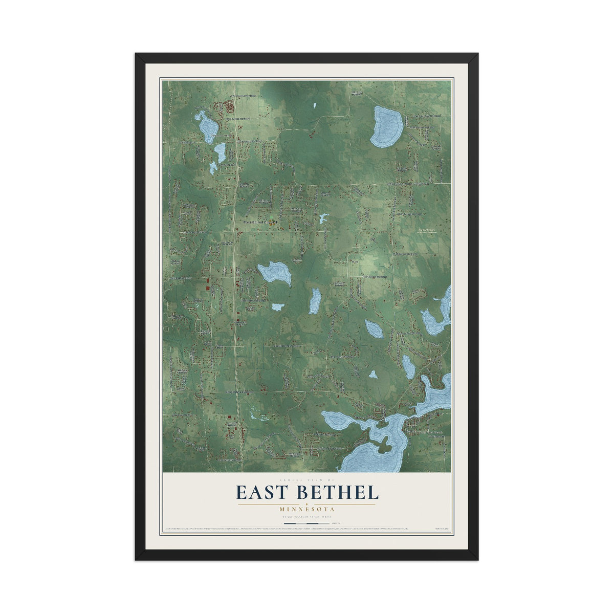 Map of East Bethel, Minnesota, 12 x 18 inch print in a black wood frame