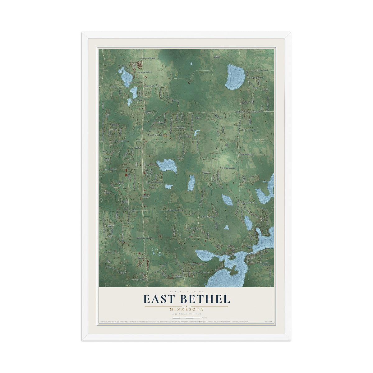 Map of East Bethel, Minnesota, 12 x 18 inch print in a white wood frame