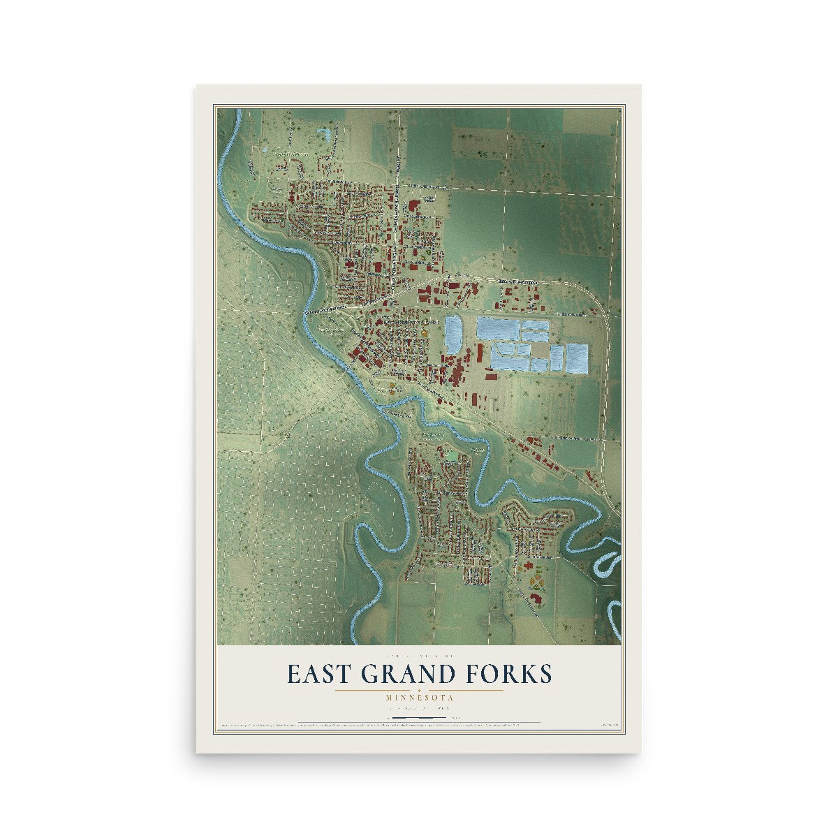 Map of East Grand Forks, Minnesota, 12 x 18 inch unframed archival matte print