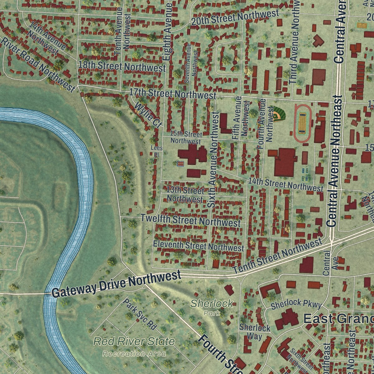 Close-up of the map of East Grand Forks, Minnesota print showing street and building detail