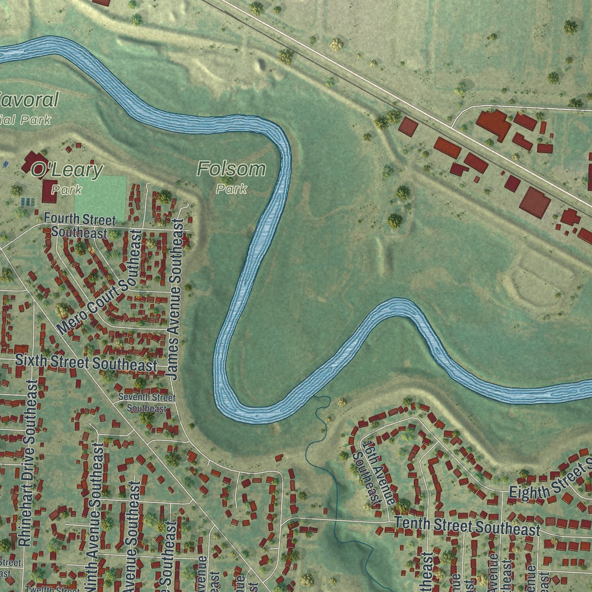 Second close-up of the map of East Grand Forks, Minnesota print showing more streets and buildings