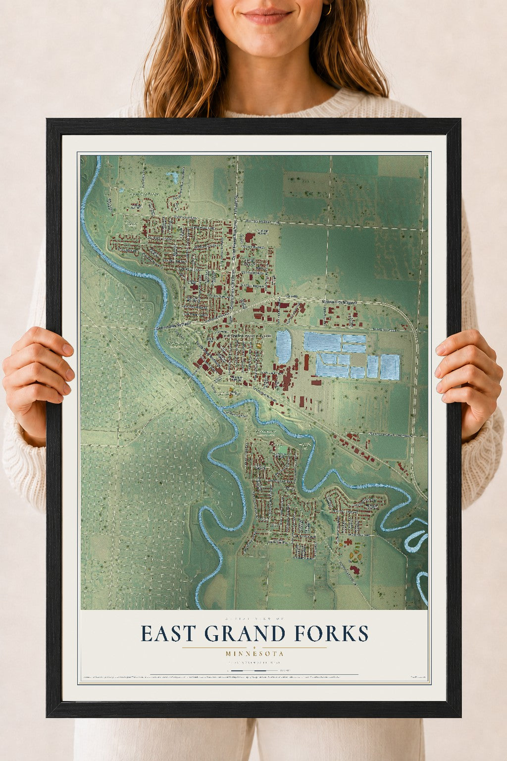 Map of East Grand Forks, Minnesota, 18 x 24 inch print in a black wood frame