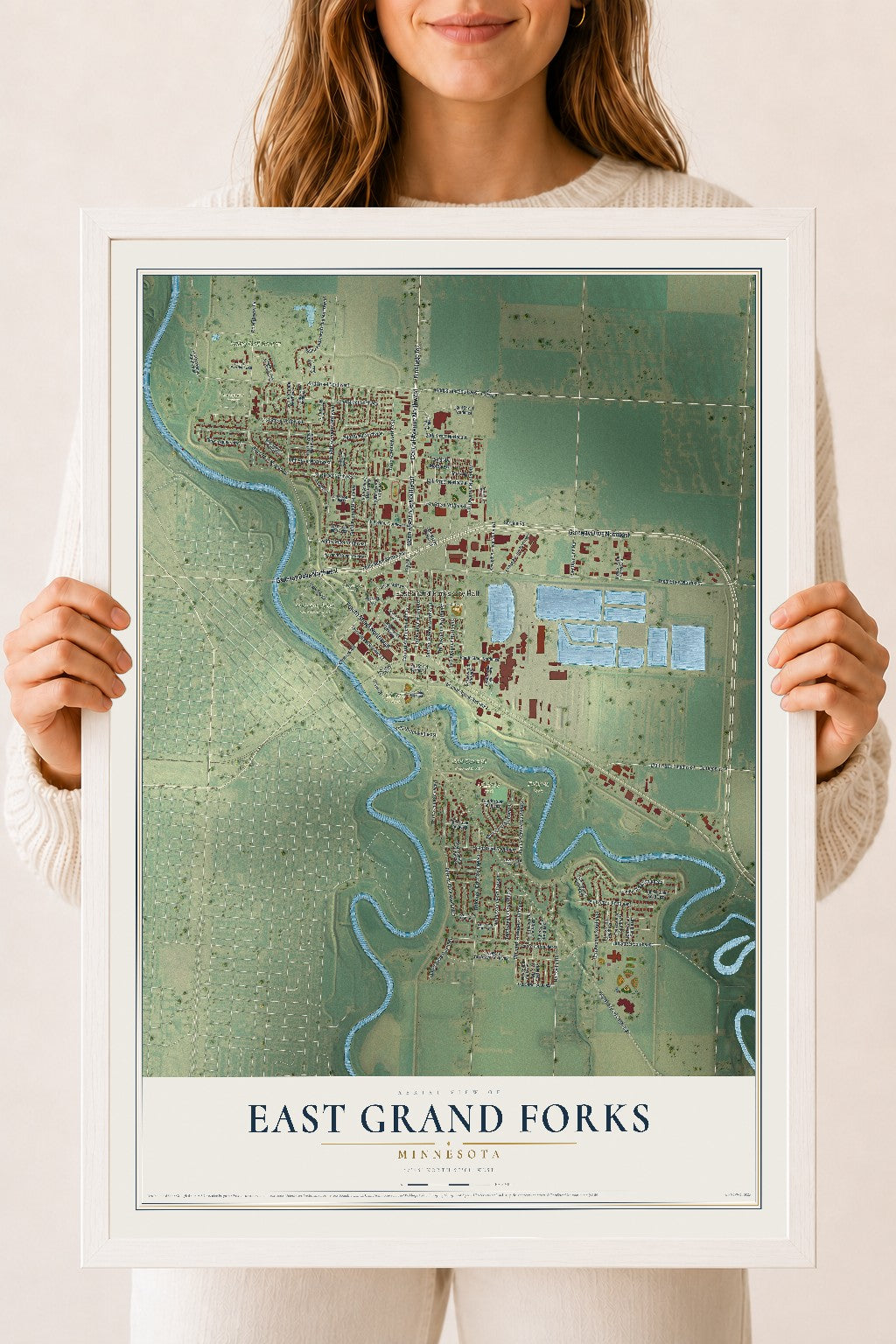 Map of East Grand Forks, Minnesota, 18 x 24 inch print in a white wood frame