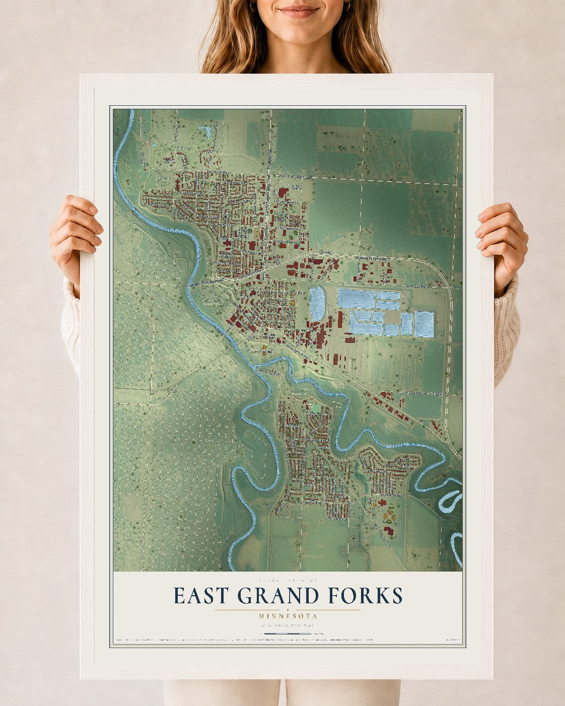 Map of East Grand Forks, Minnesota, 24 x 36 inch print in a white wood frame