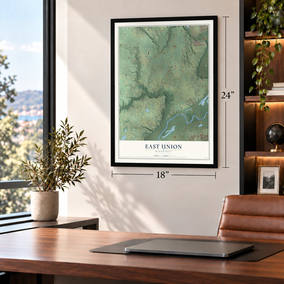 East Union, Minnesota map, 18 x 24 inch print in a black frame in a home office