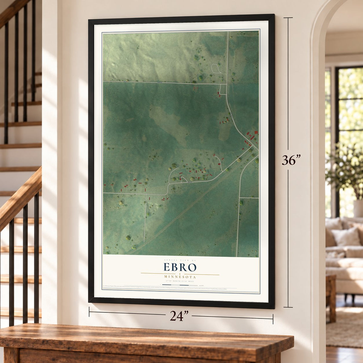 Ebro, Minnesota map, 24 x 36 inch print in a black frame by a staircase