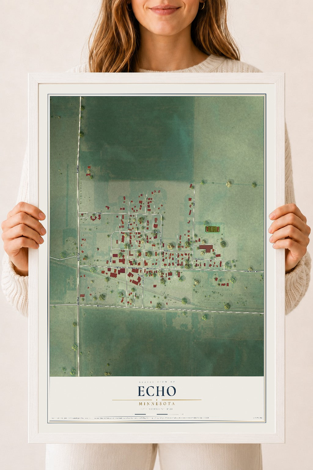 Map of Echo, Minnesota, 18 x 24 inch print in a white wood frame