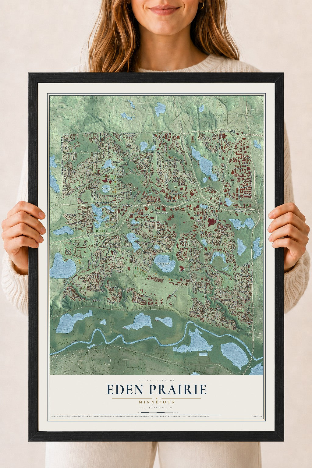 Map of Eden Prairie, Minnesota, 18 x 24 inch print in a black wood frame
