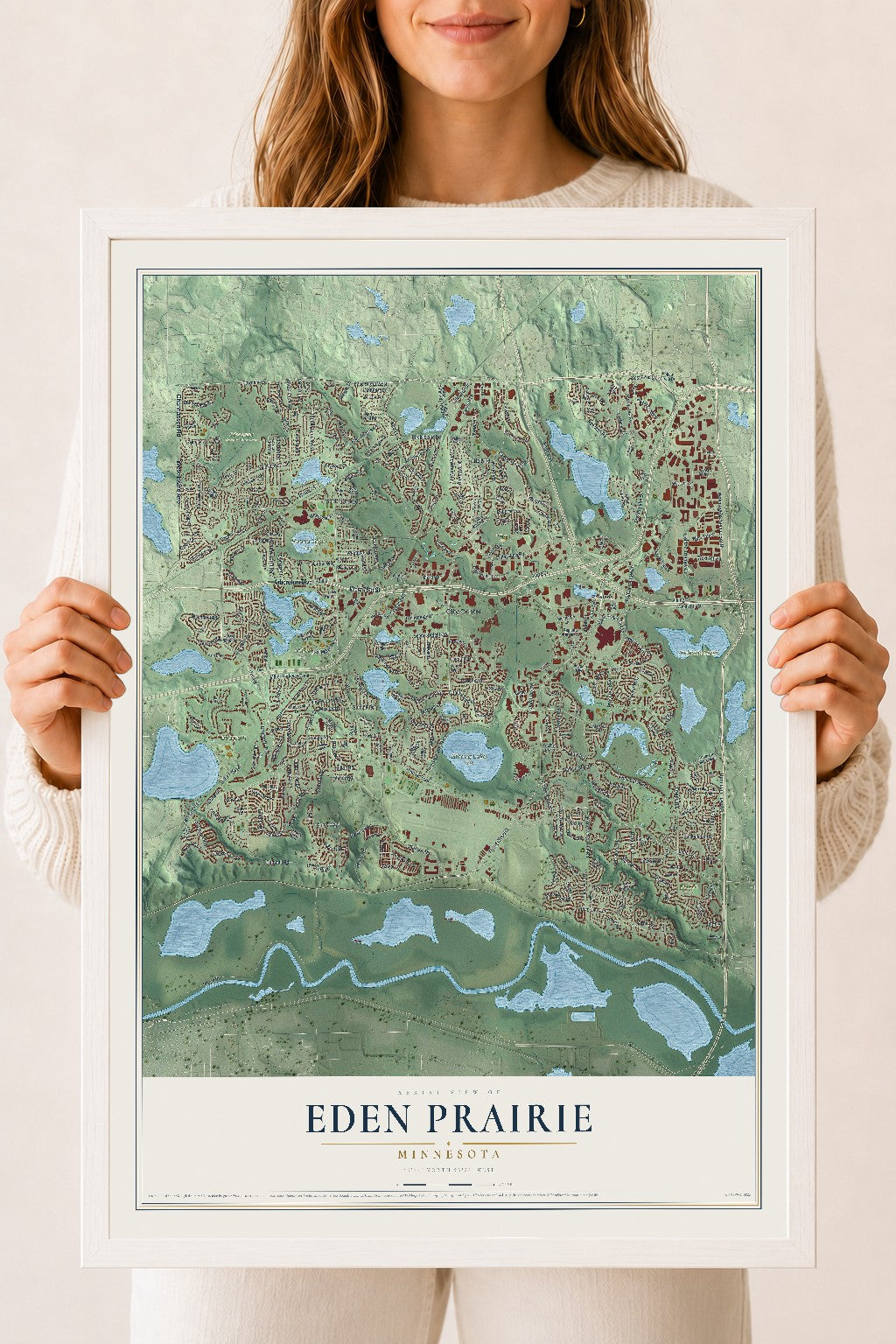 Map of Eden Prairie, Minnesota, 18 x 24 inch print in a white wood frame