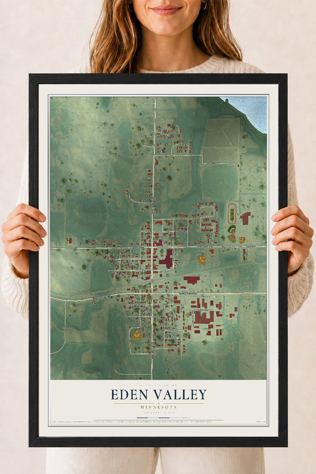 Map of Eden Valley, Minnesota, 18 x 24 inch print in a black wood frame