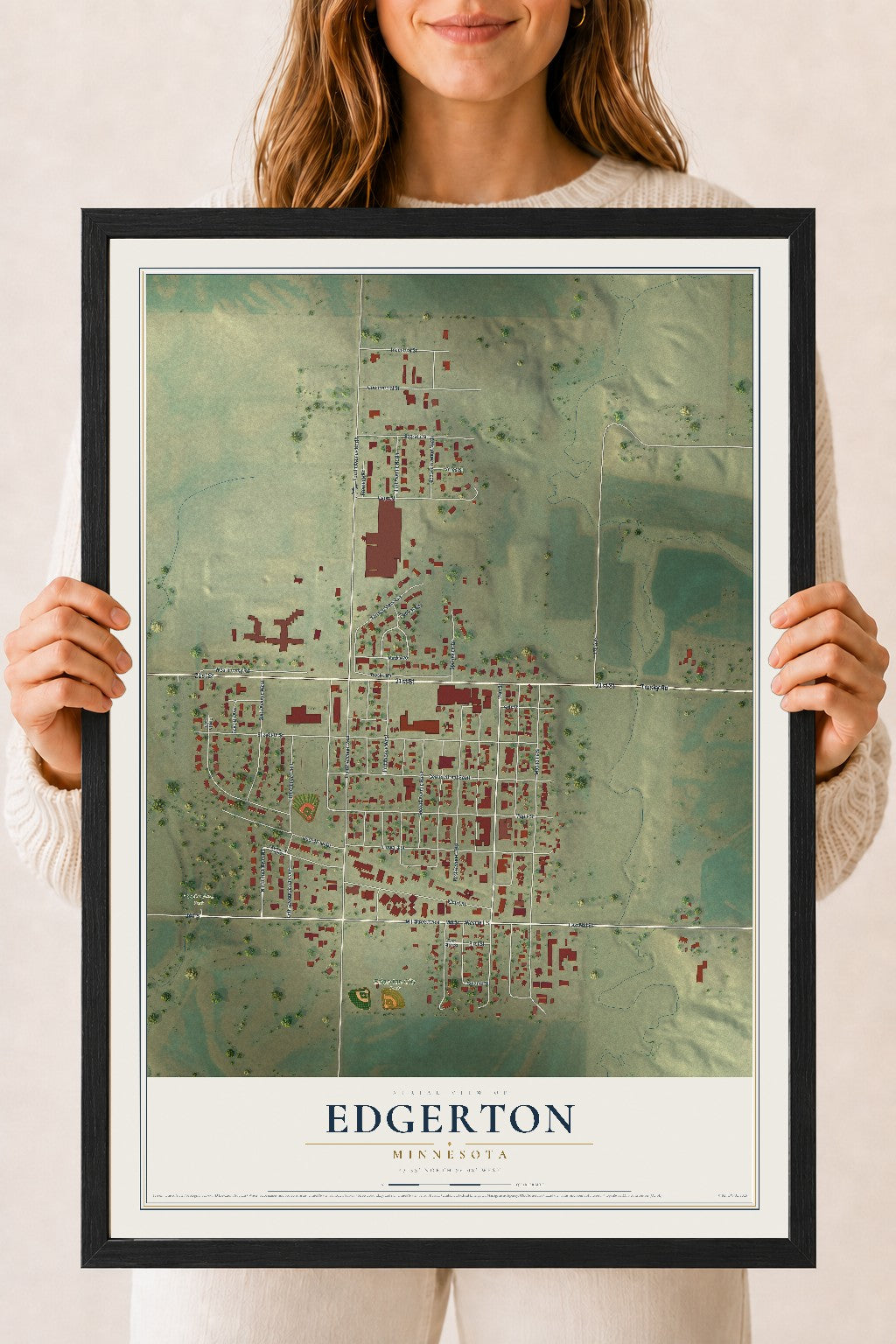 Map of Edgerton, Minnesota, 18 x 24 inch print in a black wood frame
