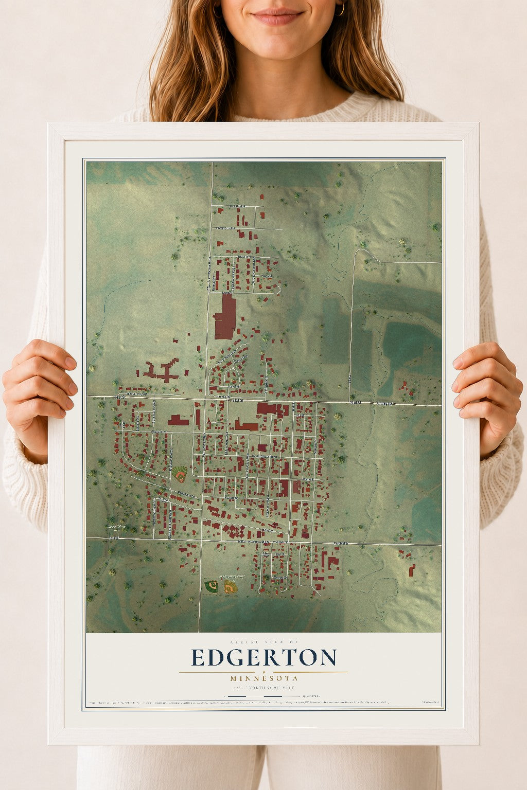 Map of Edgerton, Minnesota, 18 x 24 inch print in a white wood frame