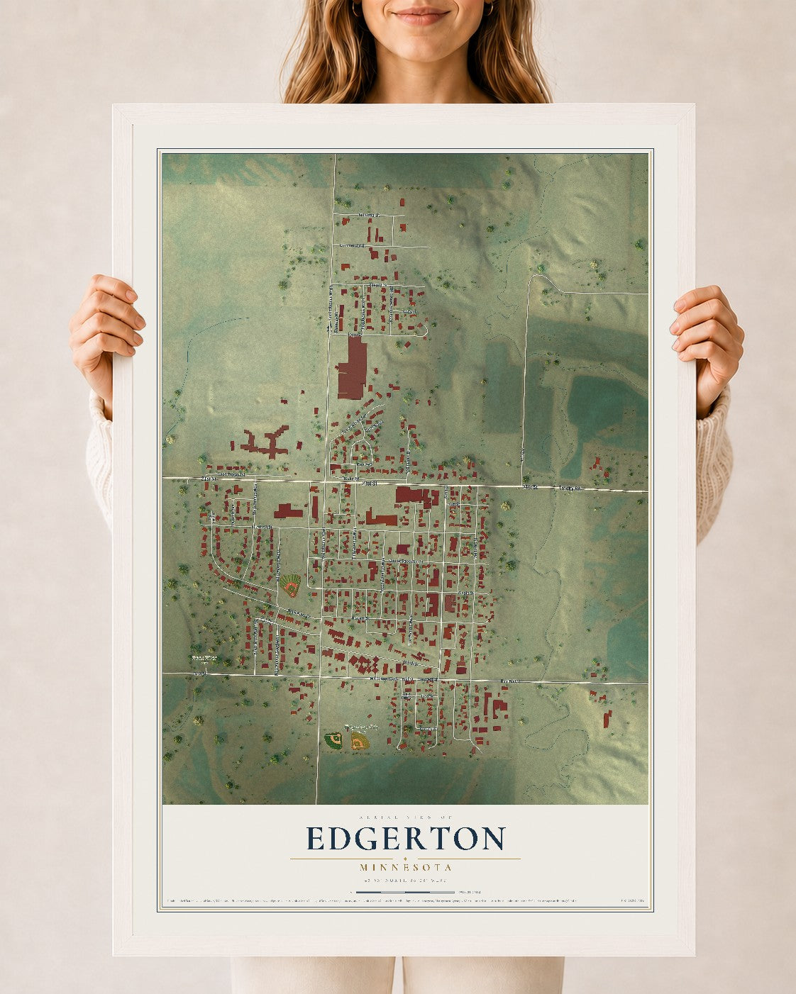Map of Edgerton, Minnesota, 24 x 36 inch print in a white wood frame
