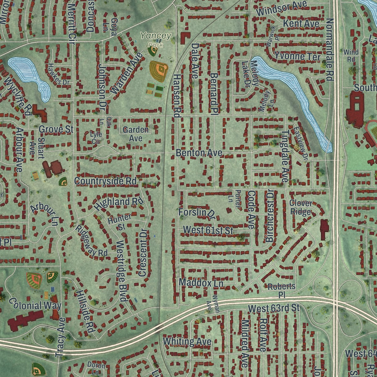 Close-up of the map of Edina, Minnesota print showing street and building detail