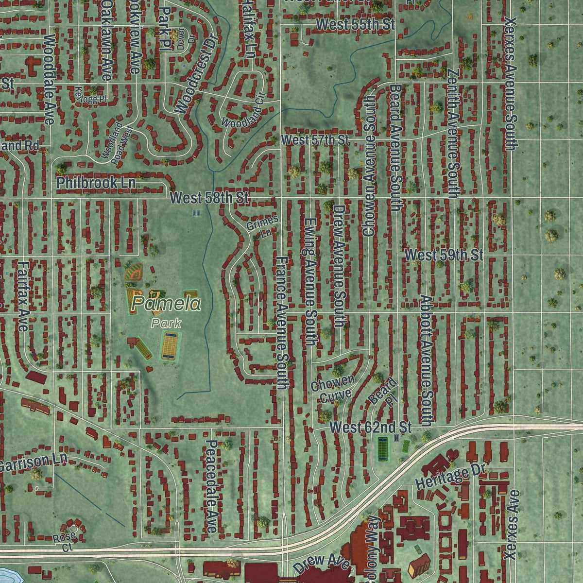Second close-up of the map of Edina, Minnesota print showing more streets and buildings
