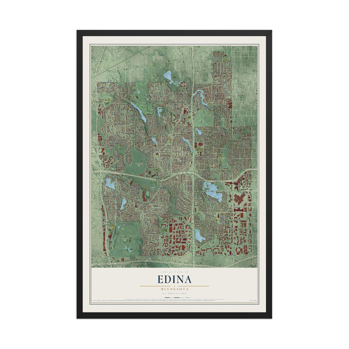 Map of Edina, Minnesota, 12 x 18 inch print in a black wood frame