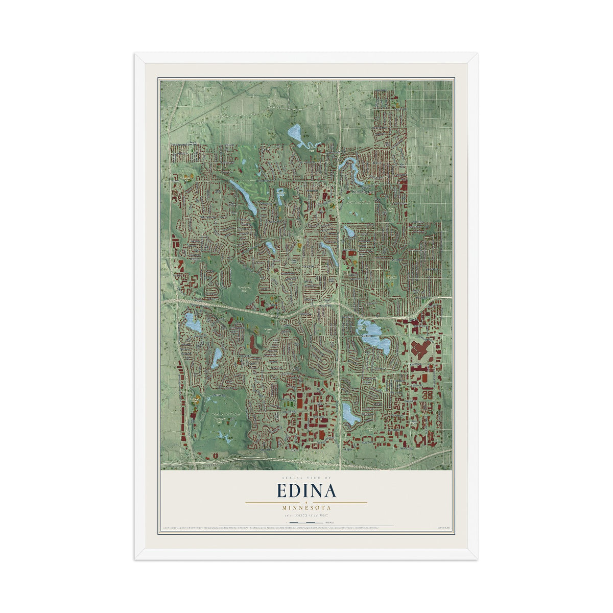 Map of Edina, Minnesota, 12 x 18 inch print in a white wood frame