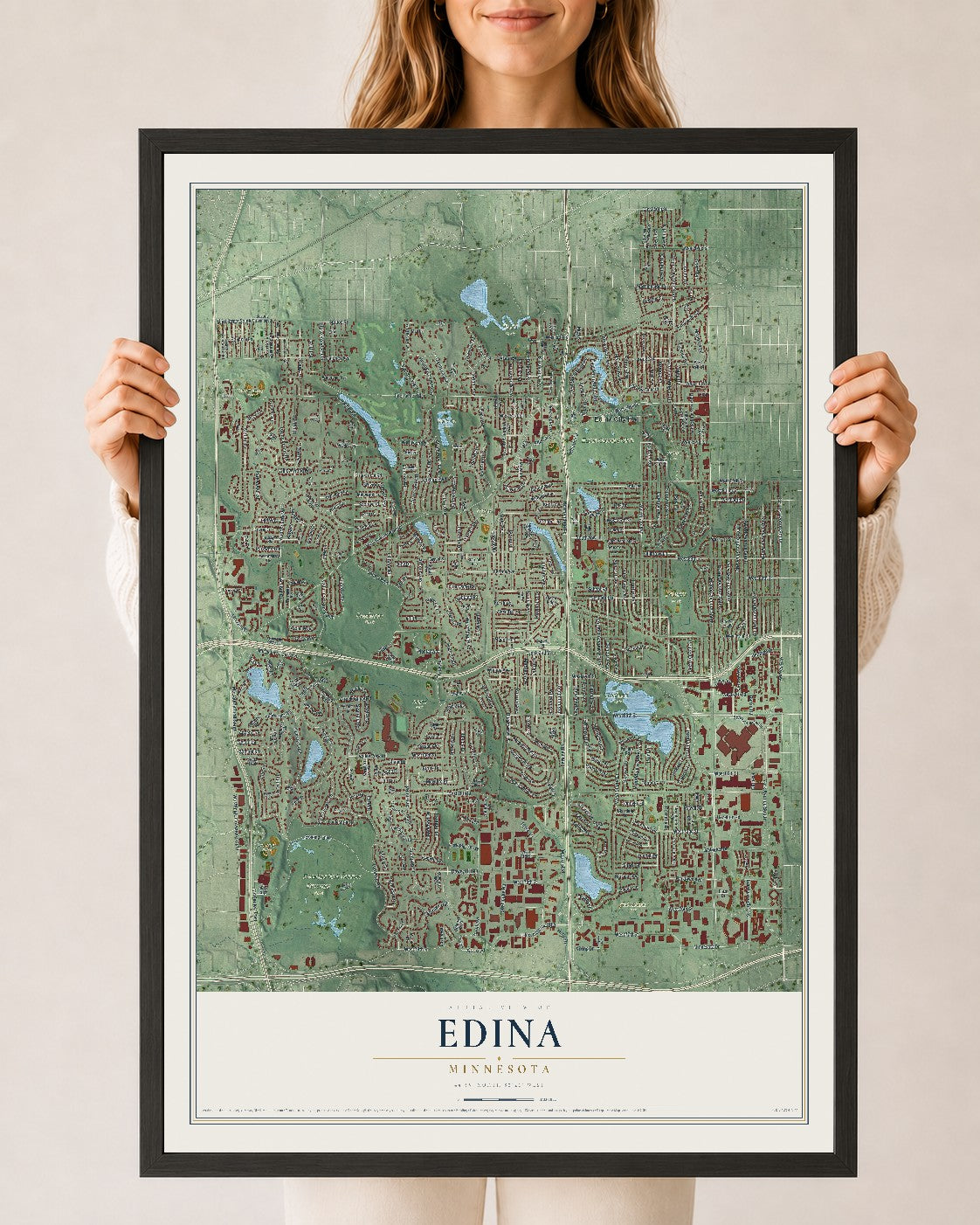 Map of Edina, Minnesota, 24 x 36 inch print in a black wood frame