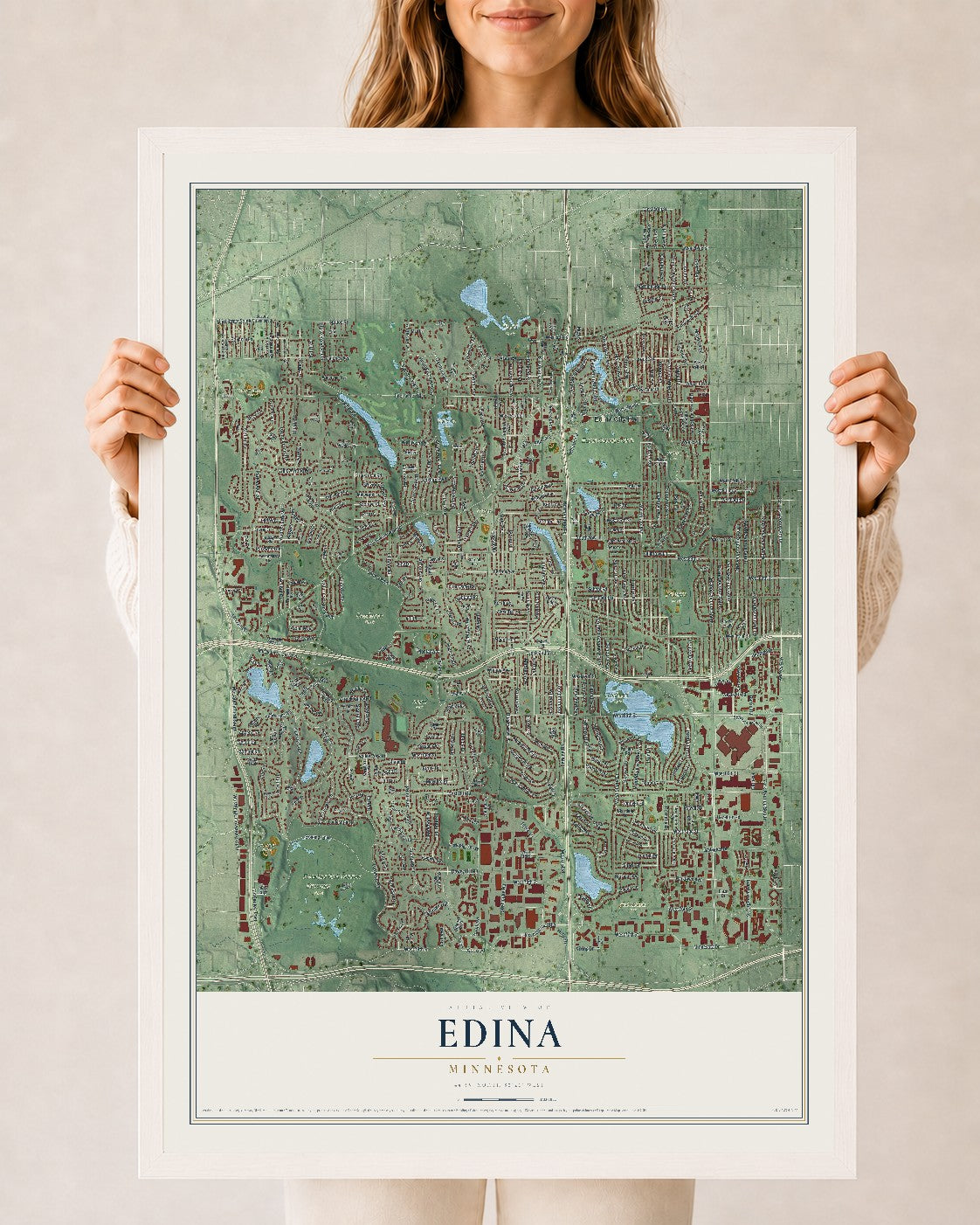 Map of Edina, Minnesota, 24 x 36 inch print in a white wood frame