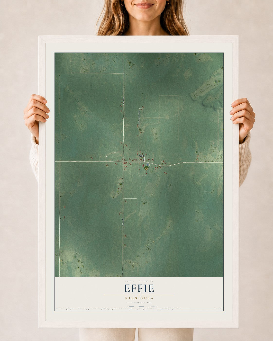 Map of Effie, Minnesota, 24 x 36 inch print in a white wood frame