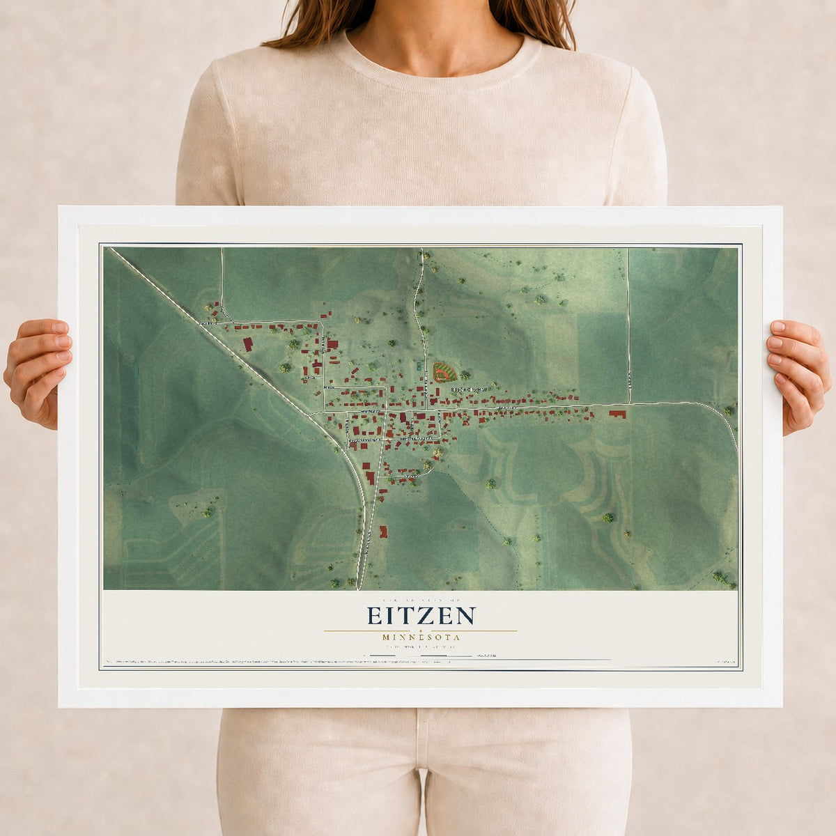 Map of Eitzen, Minnesota, 12 x 18 inch print in a white wood frame